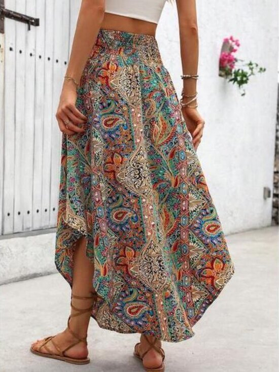 Wandoria Holiday Random Paisley Print Curved Hem Skirt Maxi Vacation Beach Outfi - Picture 2 of 7